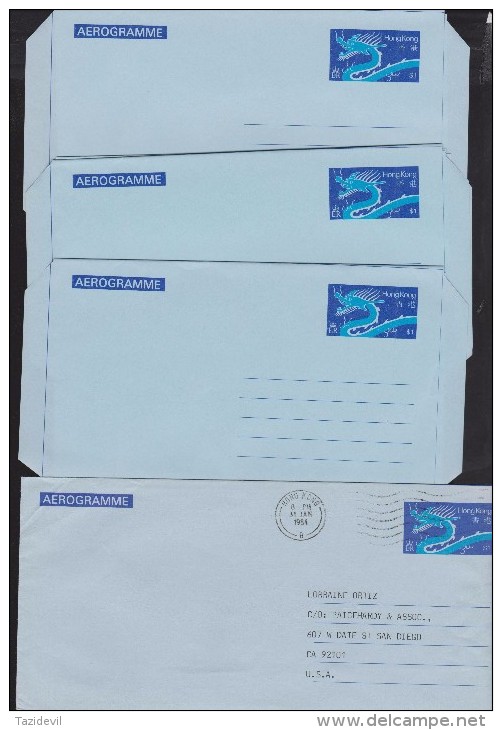 HONG KONG -  Five  $1.00 Dragon Aerogrammes - Four Are Mint And Small Type, One Is Used Large Type - Postal Stationery