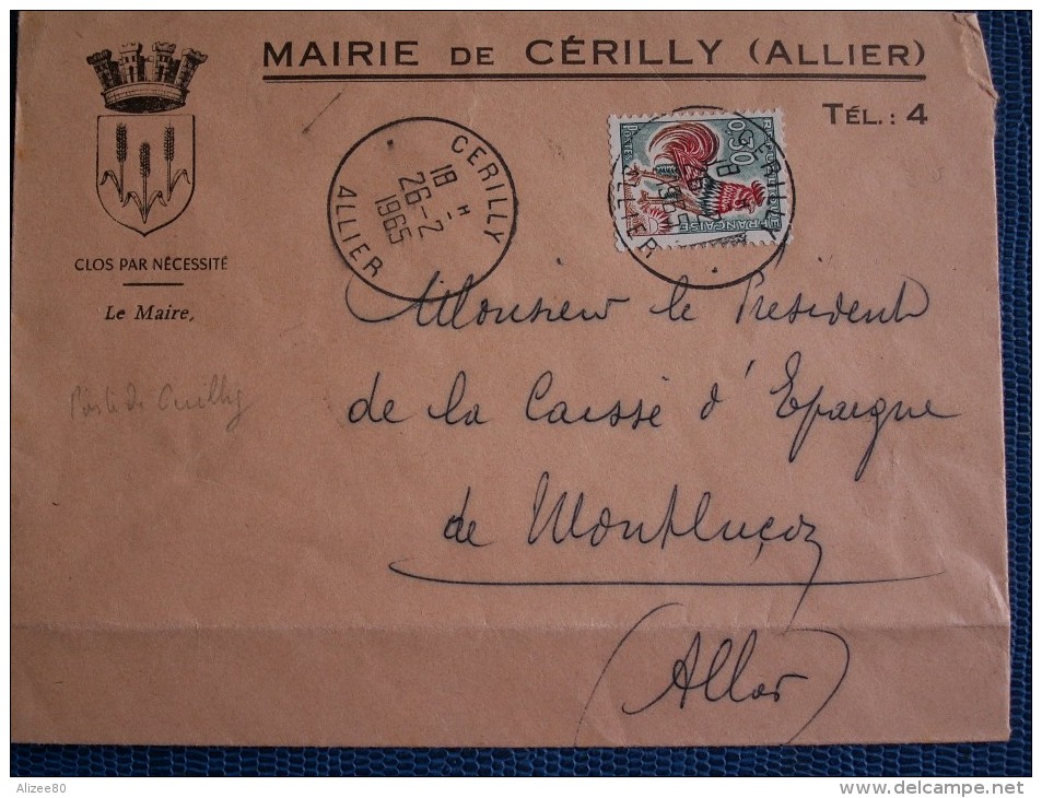 ""  ENVELOPPE  //   MAIRIE  DE  CERILLY  Allier  ---  26 - 02 - 1965  "" - Altri & Non Classificati