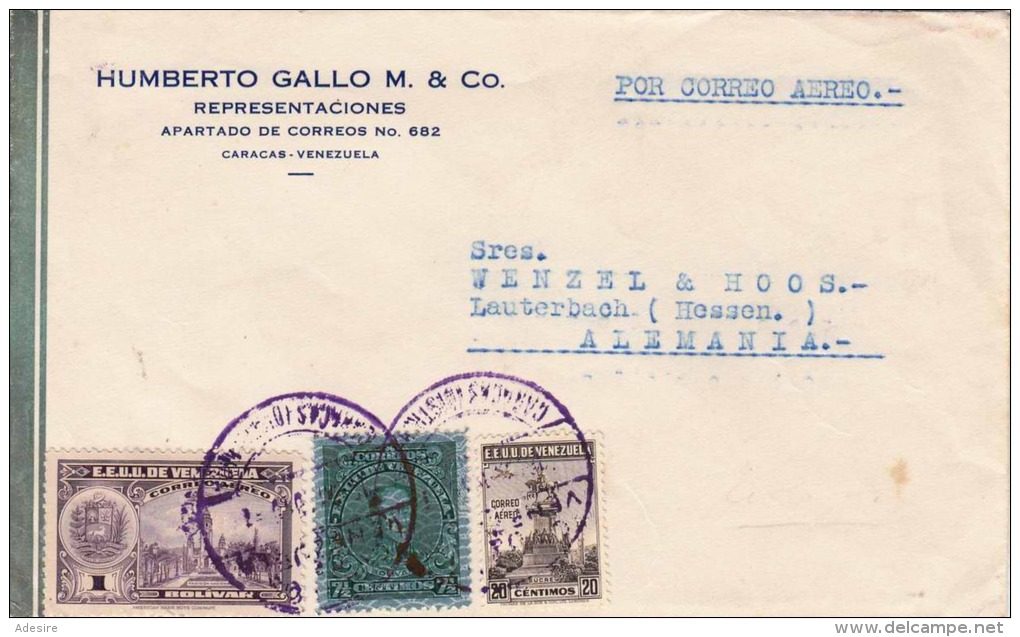 VENEZUELA 194? - 1 + 7,5 + 20 Centimos Frankierung Auf LP-Brief Gel.Caracas - Lauterbach - Venezuela