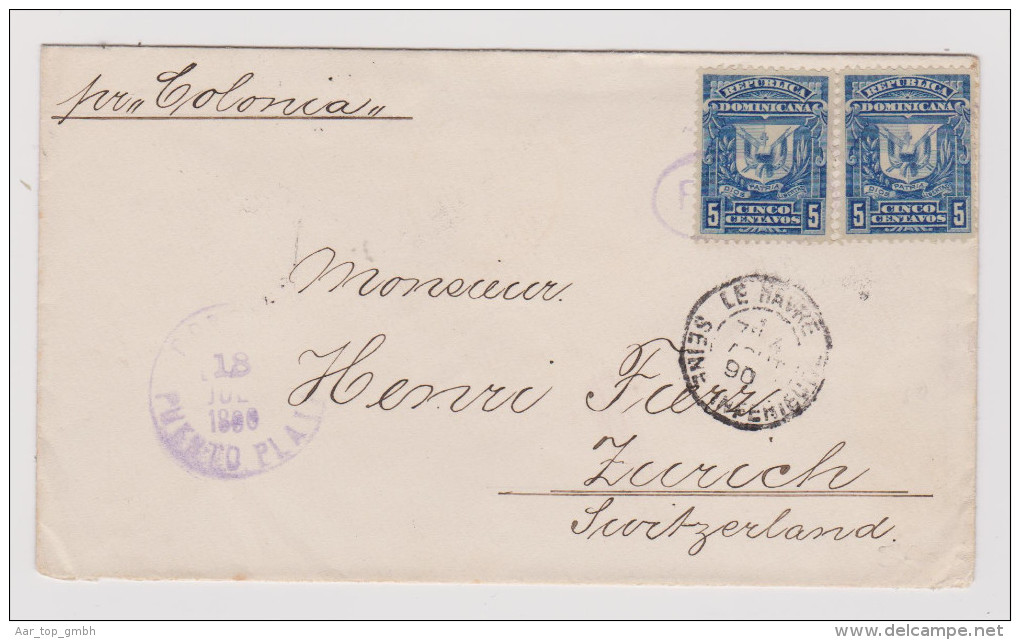 Dominikanische Republik 1890-07-18 Puerto Plata Brief Nach Zürich Mit Transit Ankunft Und Zug Stempel - Dominicaanse Republiek