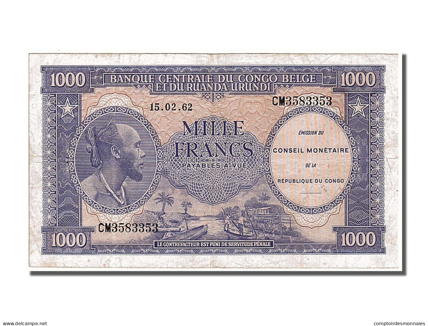 Billet, Congo Democratic Republic, 1000 Francs, 1962, 1962-02-15, TTB+ - République Démocratique Du Congo & Zaïre