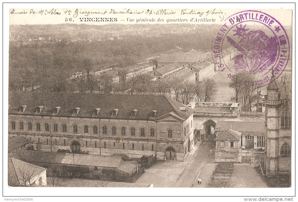 94 - Val De Marne - Vincennes Vue Quartiers Cachet Militaire 13 Regiment D'artillerie 1916 - Vincennes