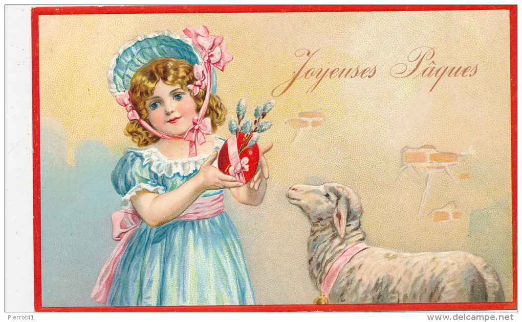 ENFANTS - Jolie Carte Fantaisie Gaufrée Fillette Et Mouton De "Joyeuses Pâques" (embossed Postcard) - Pascua