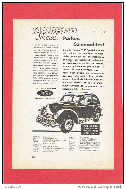 PUBLICITE SUISSE DE 1950 VEHICULE AUTOMOBILE FORD TAUNUS - Cars