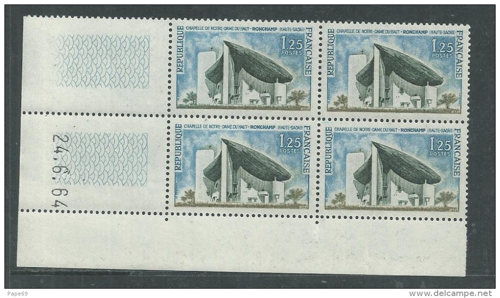 France N° 1394A XX : Sites : Notre Dame Ronchamp En Bloc De 4 Coin Daté Du 24 . 6 . 64 : Sans Trait,  Sans Charnière TB - 1960-1969