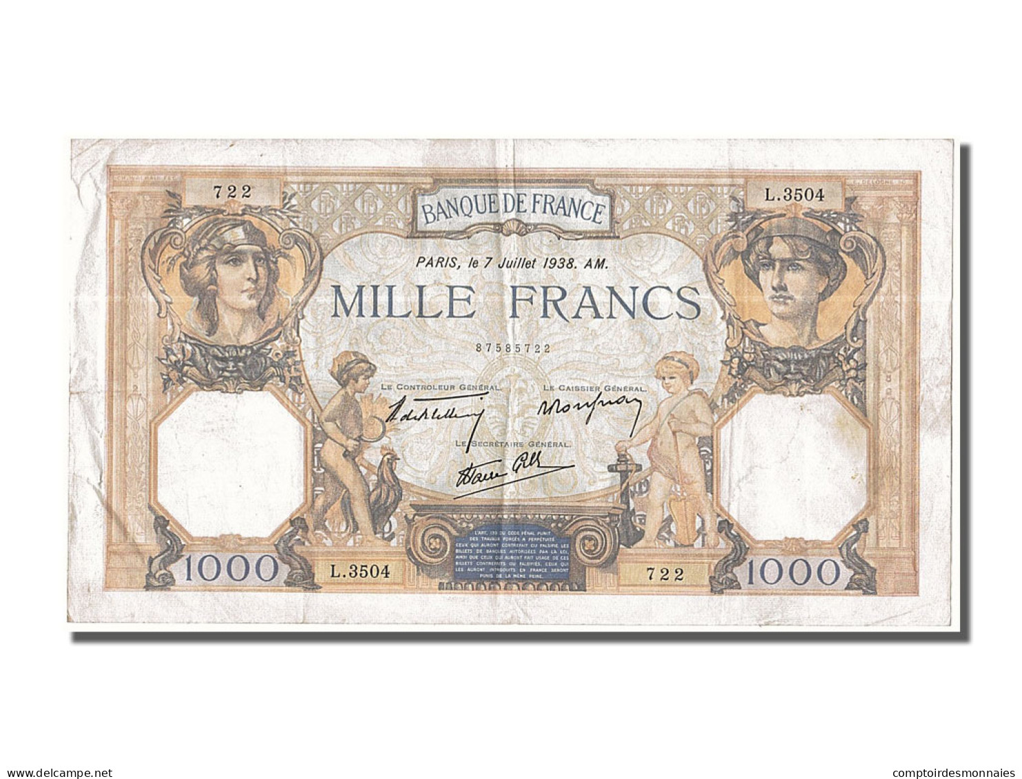 Billet, France, 500 Francs, 1 000 F 1927-1940 ''Cérès Et Mercure'', 1938 - 1 000 F 1927-1940 ''Cérès Et Mercure''