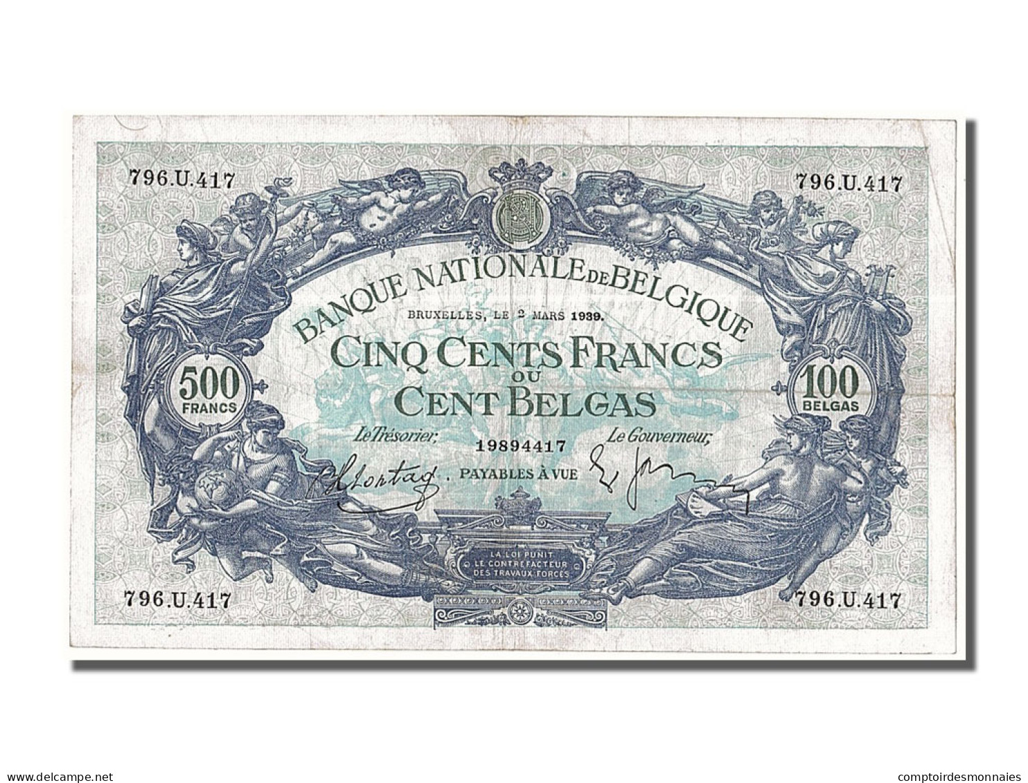 Billet, Belgique, 500 Francs-100 Belgas, 1939, 1939-03-02, TTB+ - 500 Francs-100 Belgas