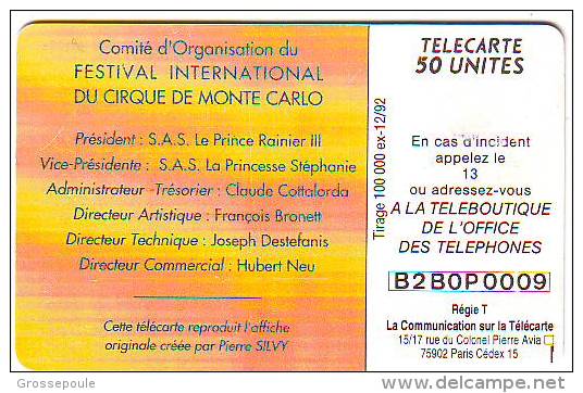 17 ème FESTIVAL DE MONTE CARLO 1993 - TELECARTE 50 U - Tirage 100 000 Ex - Le PRINCE RAINIER III - PIERRE SILVY - Monaco