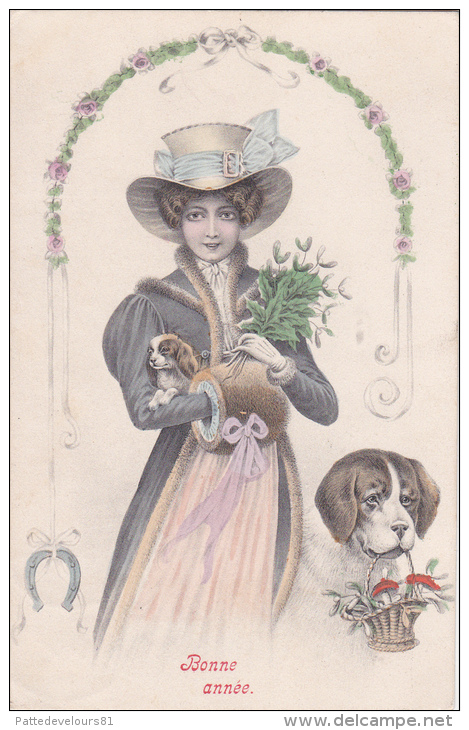 CPA Chien Dog Chiot Femme  Lady Fraü Mode Chapeau Manchon Style Vienne Viennoise N° 2552 (2 Scans) - Dogs