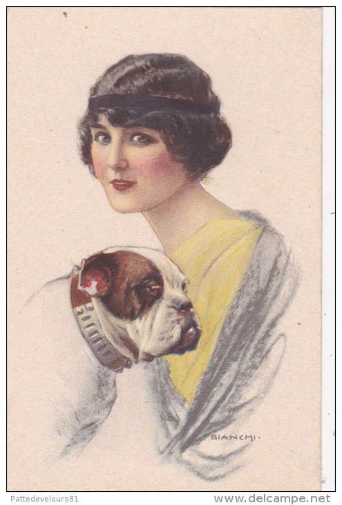 CPA Chien Dog Bouledogue Bulldog Femme Lady Fraü Illustrateur BIANCHI - Chiens