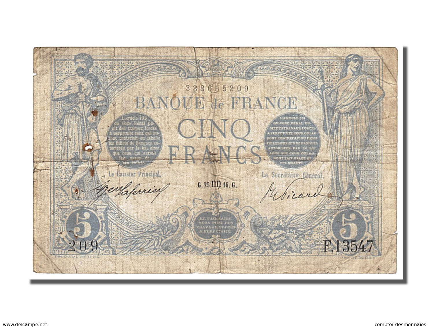 Billet, France, 5 Francs, 5 F 1912-1917 ''Bleu'', 1916, 1916-08-25, TB - 5 F 1912-1917 ''Bleu''