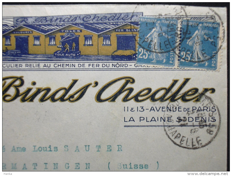 Cover Lettre, 2x 25c Semeuse, La Plaine St. Denis > Ermatingen Suisse, 1921, Chemin De Fer, R.Binds Chedler - 1906-38 Säerin, Untergrund Glatt