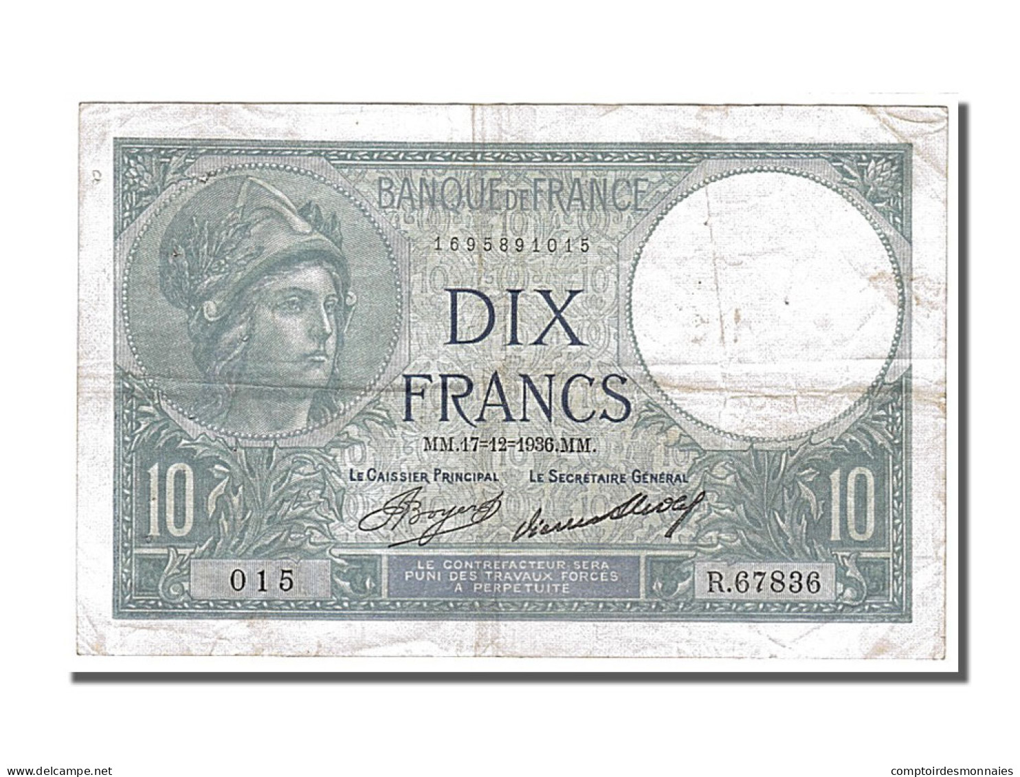 Billet, France, 10 Francs, 10 F 1916-1942 ''Minerve'', 1936, 1936-12-17, TTB - 10 F 1916-1942 ''Minerve''