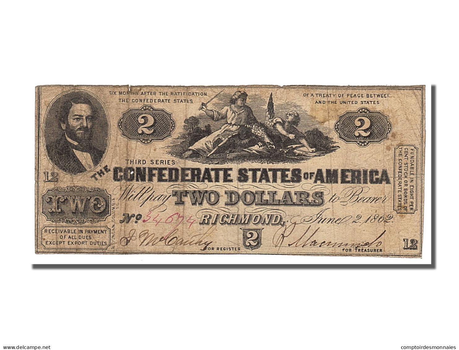 Billet, Confederate States Of America, 2 Dollars, 1862, TB+ - Confederate (1861-1864)