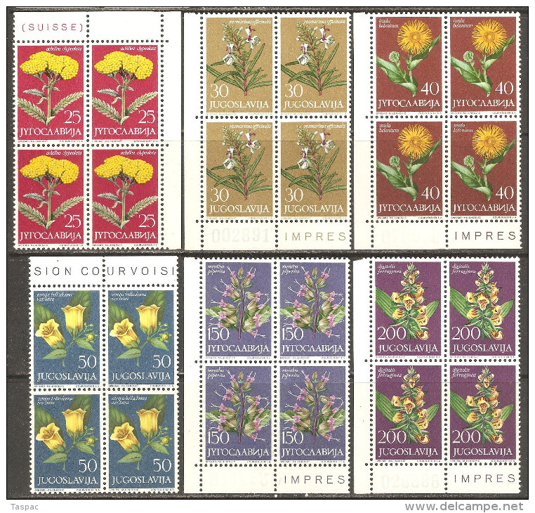 Yugoslavia 1965 Mi# 1118-1123 ** MNH - Set In Blocks Of 4 - Flowers - Neufs