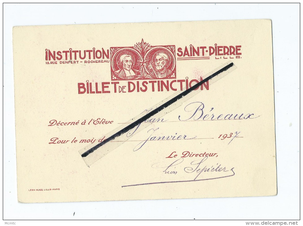Institution Saint Pierre  Rue Denfert - Rochereau -  Lille  - Billet De Distinction-Élève Jean Béreaux -1937 Ecole-Lycée - Non Classés