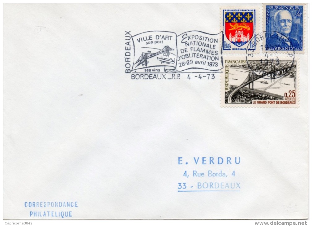 1973 - Obl Sécap BORDEAUX. Grand Pont De Bordeaux. N°1524 + Blason De Bordeaux N°1183 + BRANLY N°599 - Ohne Zuordnung