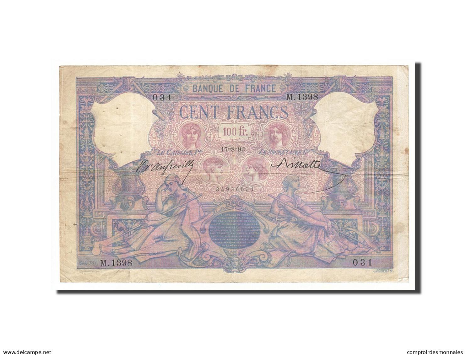 Billet, France, 100 Francs, 100 F 1888-1909 ''Bleu Et Rose'', 1893, 1893-08-17 - 100 F 1888-1909 ''Bleu Et Rose''