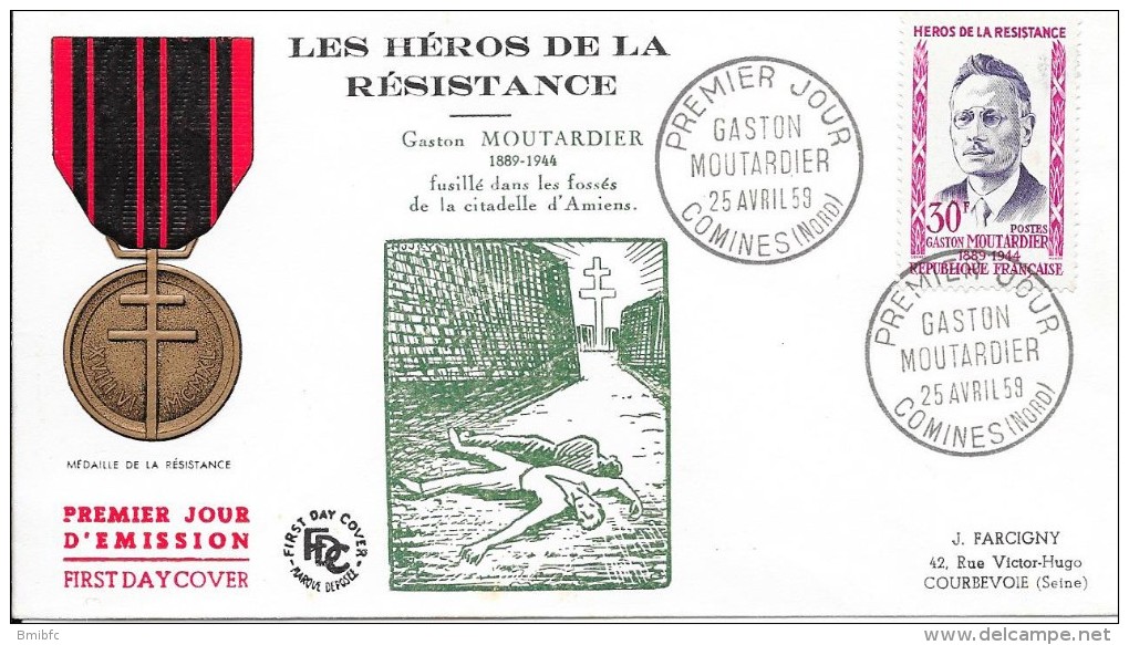 Les  Héros De La Résistance Gaston Moutardier 25 Avril 59 COMINES (NORD) - 1950-1959