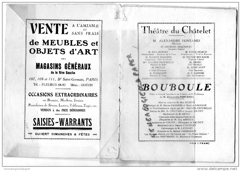 THEATRE DU CHATELET - BOUBOULE - MADELEINE VASTY-CHAHINE-RITA SANGETTI- ANDRE MARCO-CARJOL-HAMILTON-BARDES-LEITNER-NOVA- - Programmes