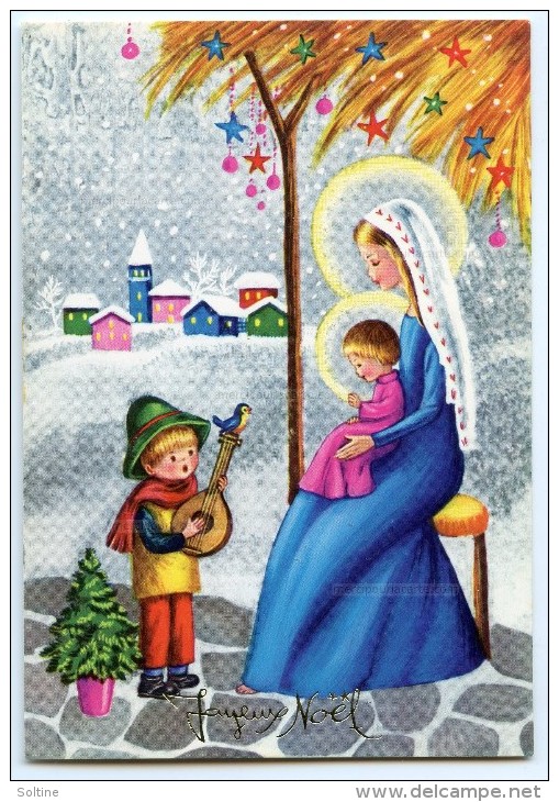 JOYEUX NOËL - Vierge Marie Tenant L'Enfant Jésus Sur Ses Genoux Devant Un Garçon Et Sa Mandoline - Non écrite - 2 Scans - Autres & Non Classés