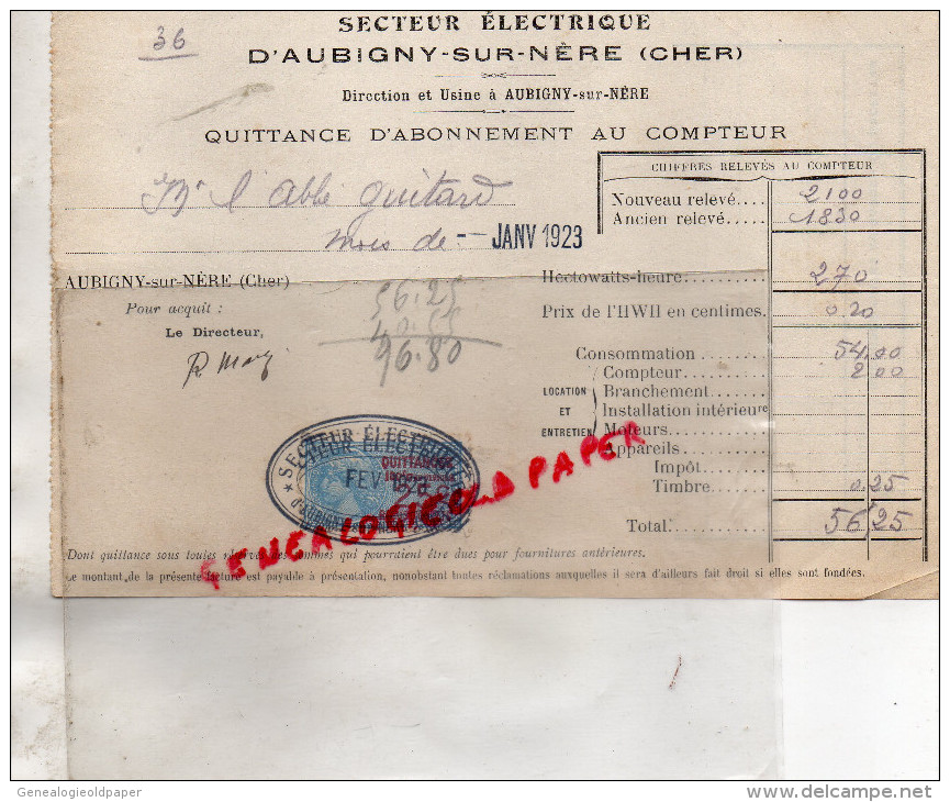 18 - AUBIGNY SUR NERE - QUITTANCE ELECTRICTE - ABBE GUITARD -1923 TIMBRE FISCAL 25 CENTIMES BLEU - Electricity & Gas