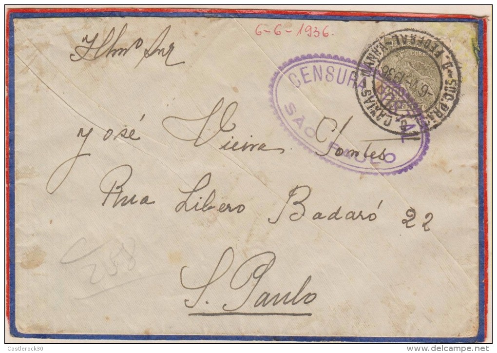 O) 1936 BRAZIL, CIRCULATED COVER WITH OVAL VIOLET, INTERNAL CENSORSHIP TO SAO PAULO, - Airmail