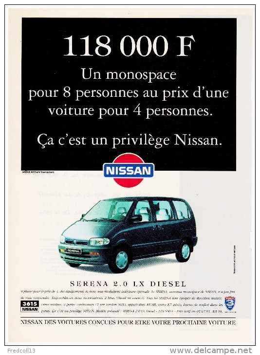 NISSAN SERENA 2.0 LX D PUBLICITE ISSUE D´UN MAGAZINE 1993 FORMAT 20.5 X 28 FRANCE - Publicités
