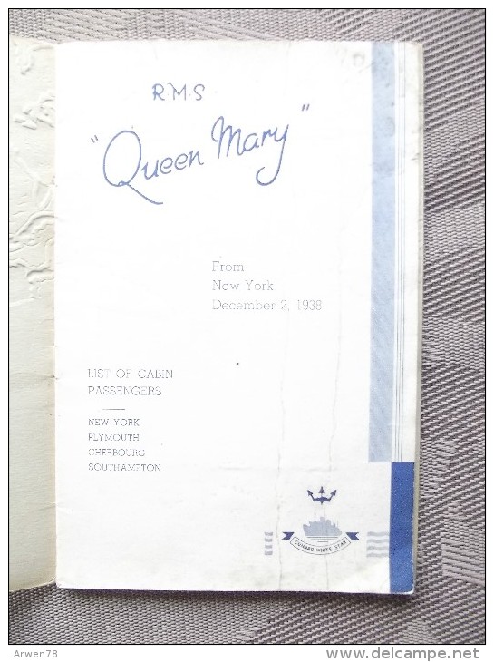 Paquebot Queen Mary Pour New York Le 2 Decembre 1938 Liste Des Passagers Equipage Reglement 20 Pages - Verenigde Staten