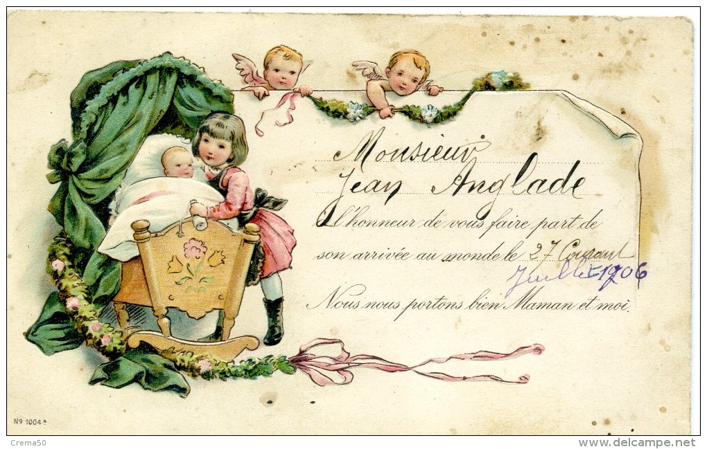 FAIRE PART DE NAISSANCE - Bébé Ange Berceau 1906 - Naissance