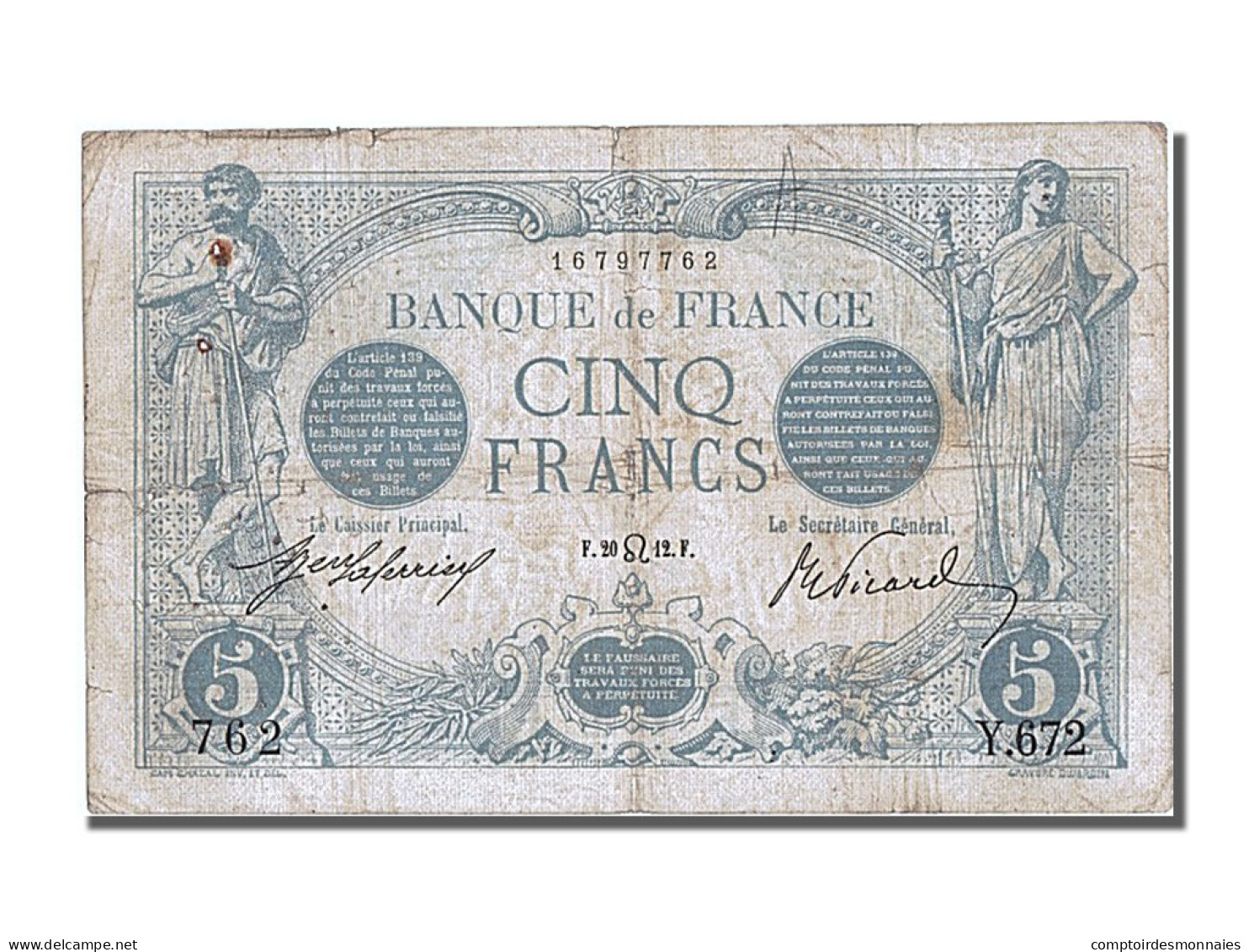 Billet, France, 5 Francs, 5 F 1912-1917 ''Bleu'', 1912, 1912-07-20, TB+ - 5 F 1912-1917 ''Bleu''