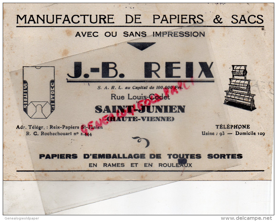 87 - ST -SAINT JUNIEN - BUVARD MANUFACTURE PAPIERS & SACS- J.B. REIX- RUE LOUIS CODET - - Cartoleria