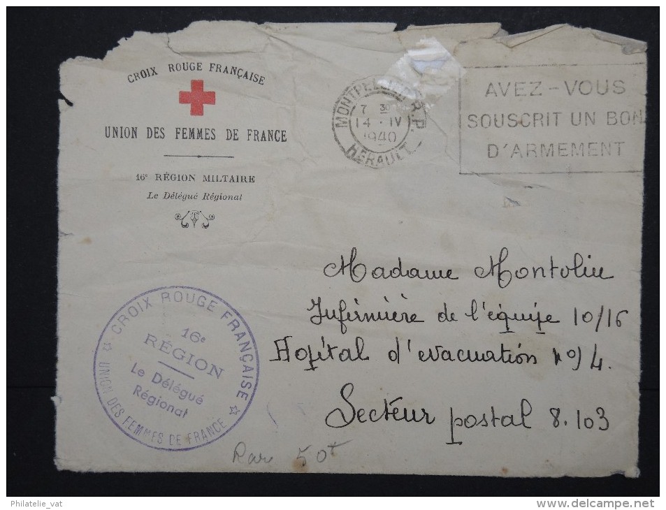 FRANCE - Enveloppe De La 16eme Région Militaire Pour Un Hopital D'évacuation En 1940 - Rare  - A Voir - Lot  P13619 - Croix Rouge