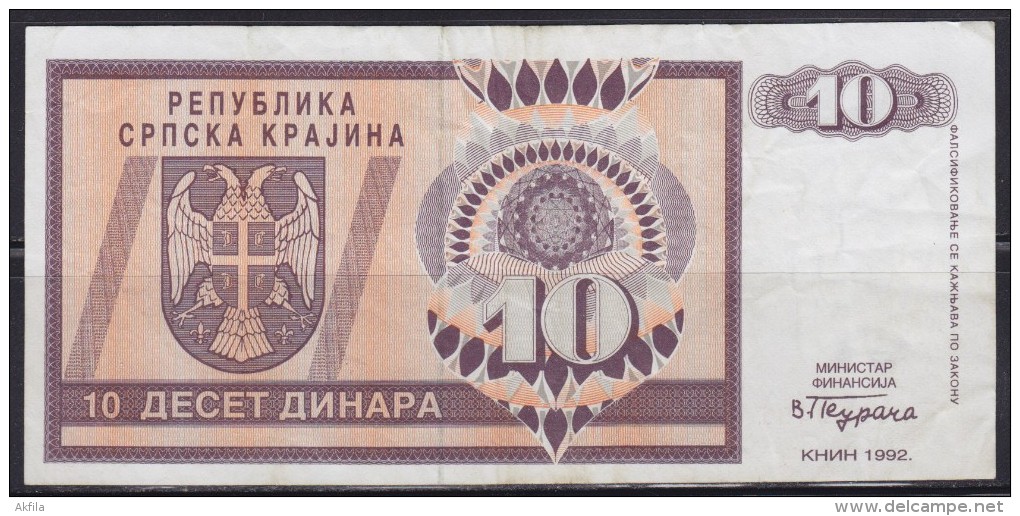 7581. Croatia, Republic Of Serbian Krajina, 1992, Banknote Of 10 Dinars - Croatie