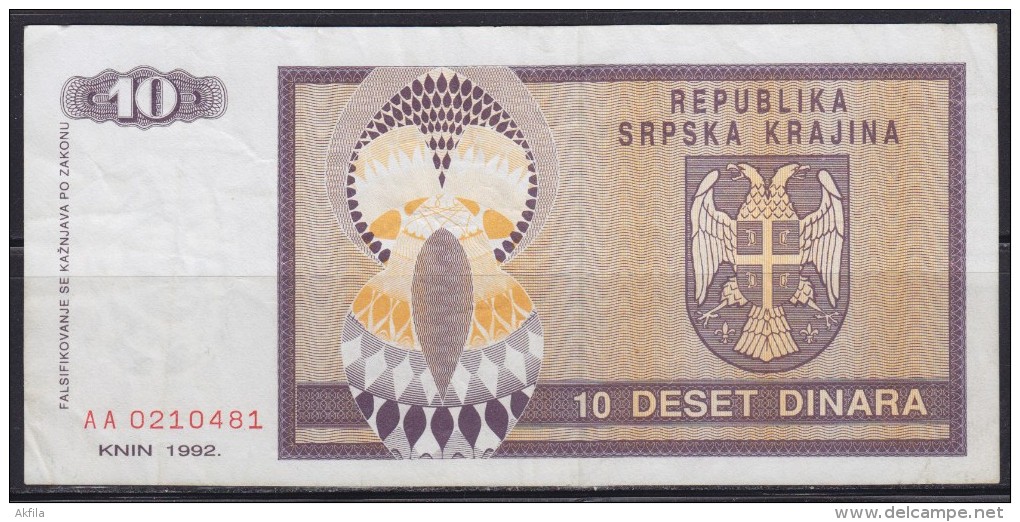 7581. Croatia, Republic Of Serbian Krajina, 1992, Banknote Of 10 Dinars - Croatie