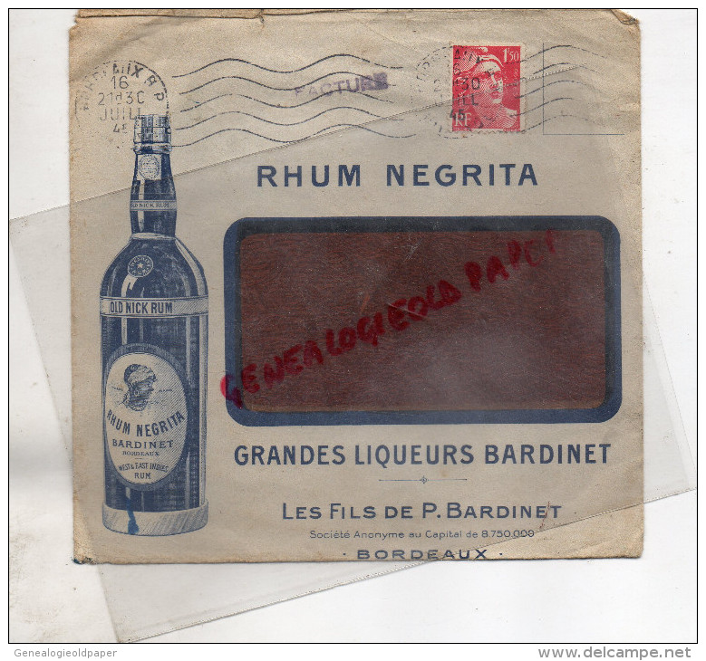 33 - BORDEAUX - BELLE ENVELOPPE RHUM NEGRITA- LES FILS DE P. BARDINET-   1945 - 1900 – 1949