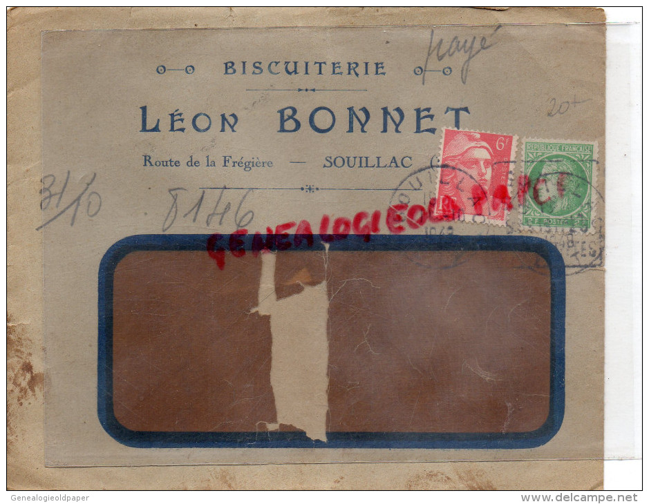 46 - SOUILLAC - ENVELOPPE LEON BONNET - BISCUITERIE - ROUTE DE LA FREGIERE -1949 - 1900 – 1949