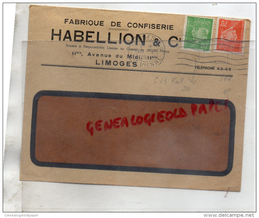 87 - LIMOGES - FACTURE FABRIQUE CONFISERIE -HABELLION & CIE- 11BIS AVENUE DU MIDI-1944- TIMBRE PETAIN - 1900 – 1949