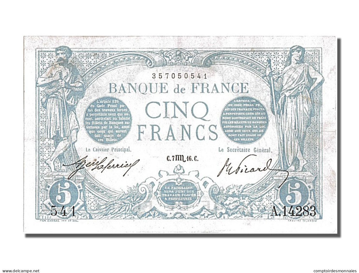 Billet, France, 5 Francs, 5 F 1912-1917 ''Bleu'', 1916, 1916-08-07, TTB+ - 5 F 1912-1917 ''Bleu''