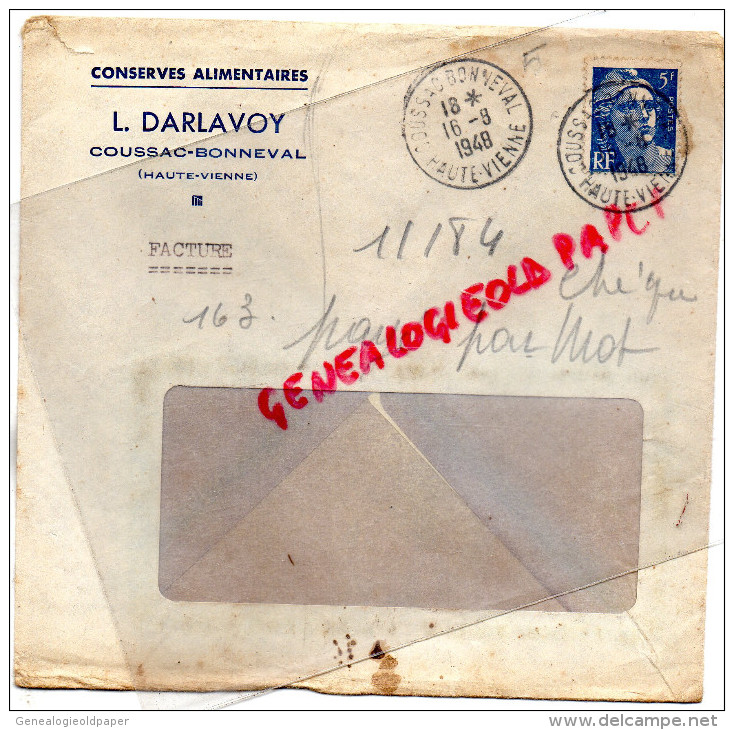 87 - COUSSAC BONNEVAL - ENVELOPPE CONSERVES ALIMENTAIRES L. DARLAVOY -1948 - 1900 – 1949