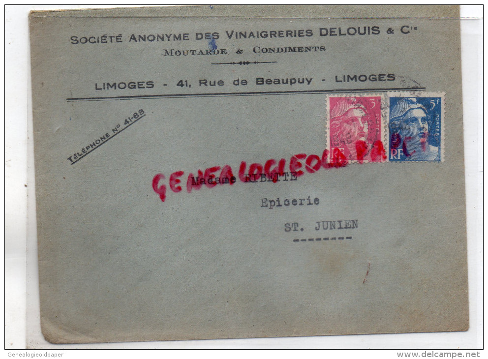 87 - LIMOGES - ENVELOPPE VINAIGRERIE DELOUIS -MOUTARDE ET CONDIMENTS-41 RUE BEAUPUY-1948 - 1900 – 1949