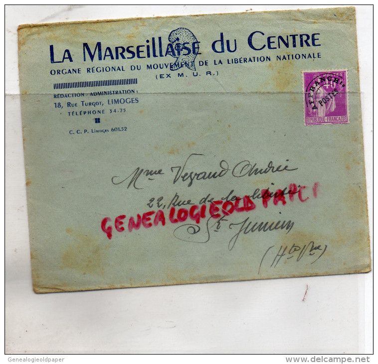 87 - LIMOGES - ENVELOPPE LA MARSEILLAISE DU CENTRE- LIBERATION NATIONALE M.U.R.- RESISTANCE- 18 RUE TURGOT- COCARDE - 1900 – 1949