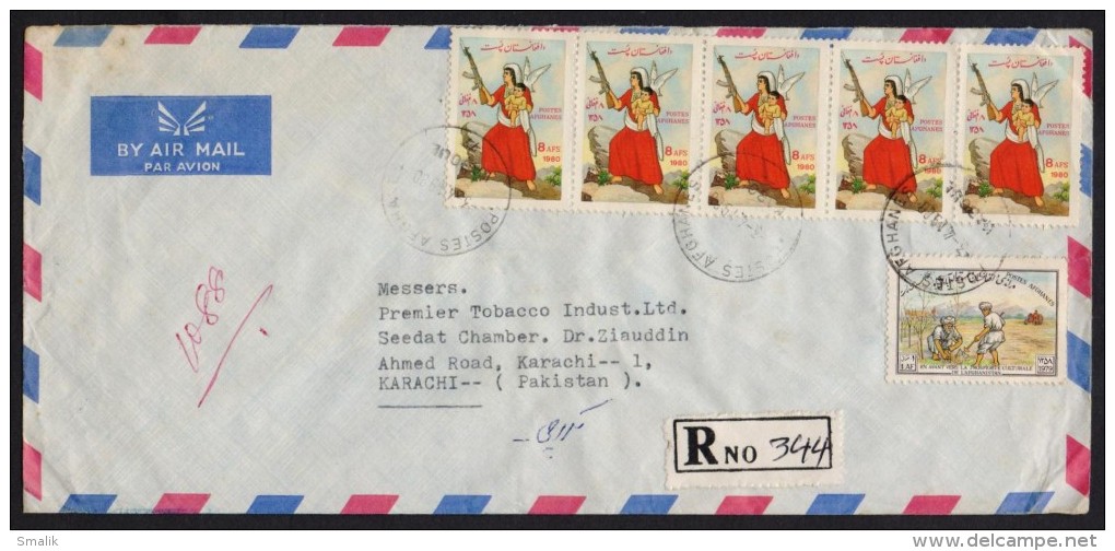 AFGHANISTAN Postal History Cover - Registered Used 3.4.1980 Kabul To Karachi, Women With Gun & Child, Agriculture - Afghanistan