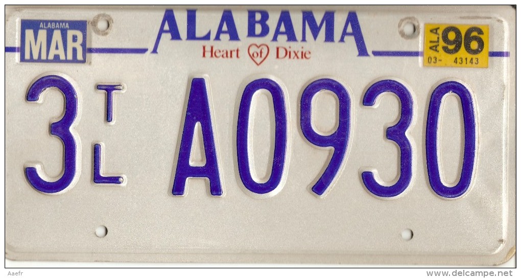 VERITABLE Plaque D'immatriculation - Etats-Unis - ALABAMA 1996 - Heart Of Dixie - Dixieland - Number Plates