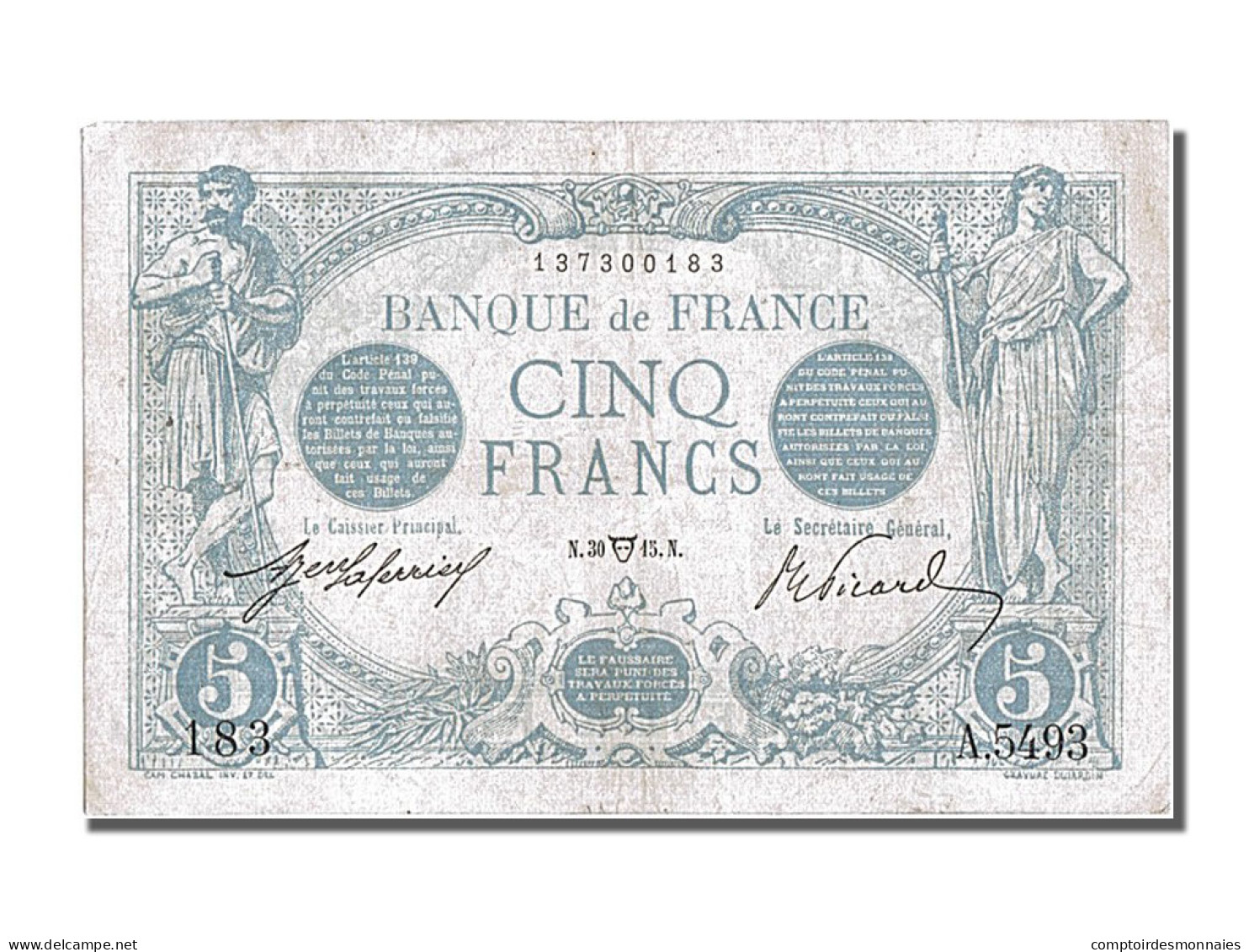 Billet, France, 5 Francs, 5 F 1912-1917 ''Bleu'', 1915, 1915-04-30, TTB+ - 5 F 1912-1917 ''Bleu''