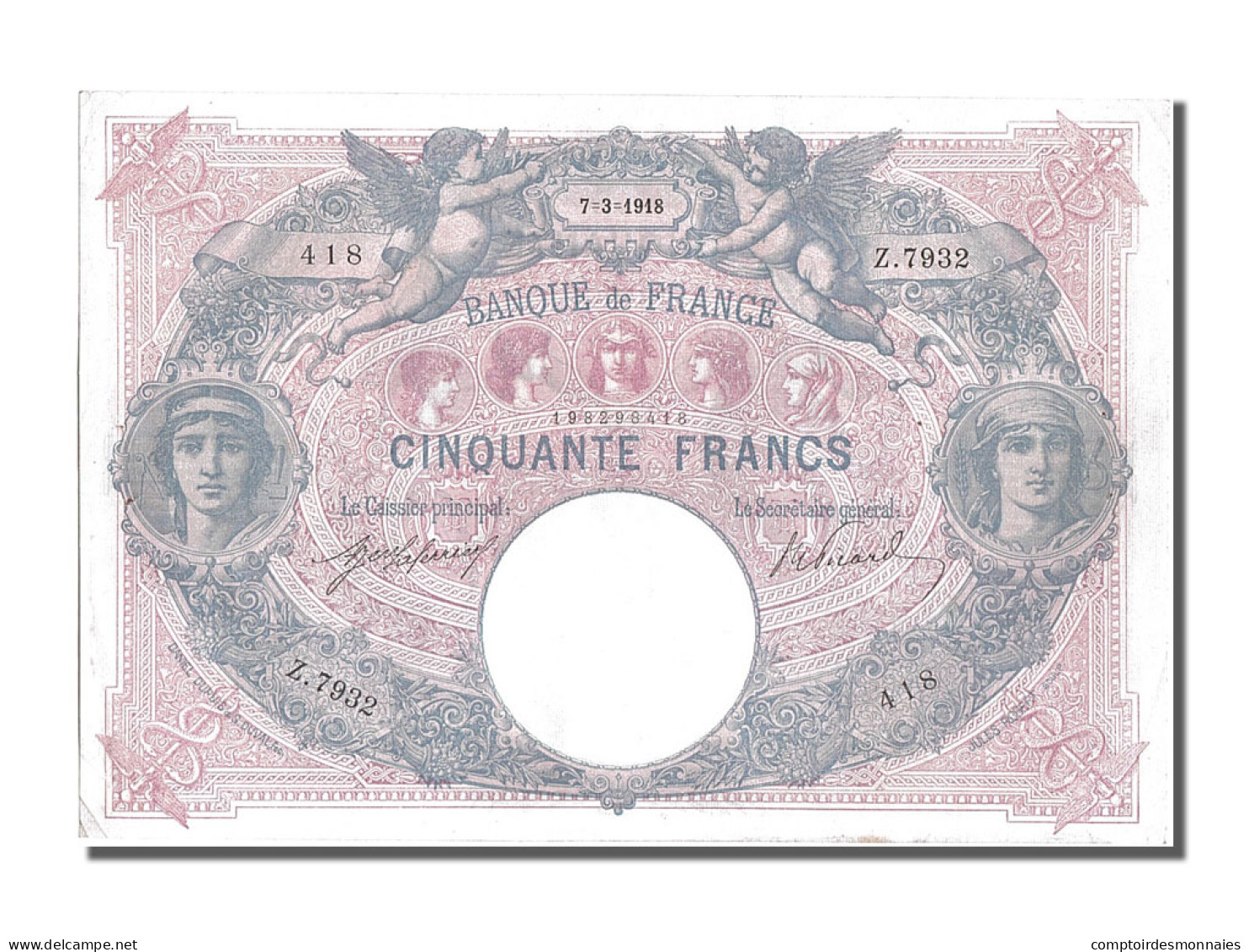 Billet, France, 50 Francs, 50 F 1889-1927 ''Bleu Et Rose'', 1918, 1918-03-07 - 50 F 1889-1927 ''Bleu Et Rose''
