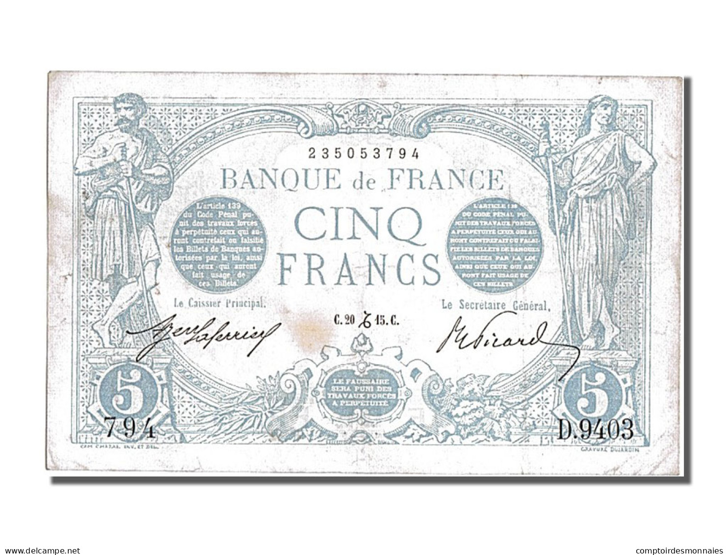 Billet, France, 5 Francs, 5 F 1912-1917 ''Bleu'', 1915, 1915-12-20, TTB - 5 F 1912-1917 ''Bleu''