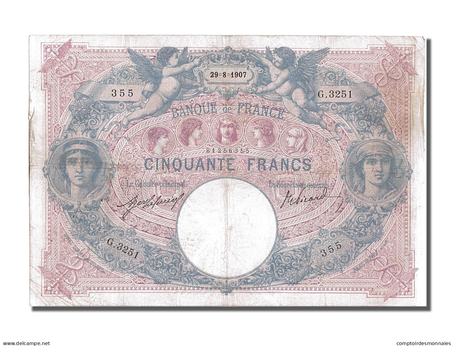 Billet, France, 50 Francs, 50 F 1889-1927 ''Bleu Et Rose'', 1907, 1907-08-29 - 50 F 1889-1927 ''Bleu Et Rose''