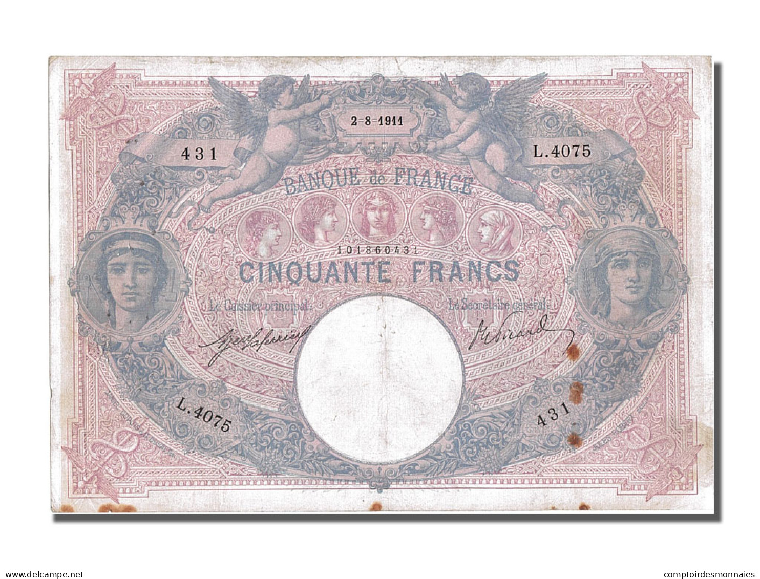 Billet, France, 50 Francs, 50 F 1889-1927 ''Bleu Et Rose'', 1911, 1911-08-02 - 50 F 1889-1927 ''Bleu Et Rose''