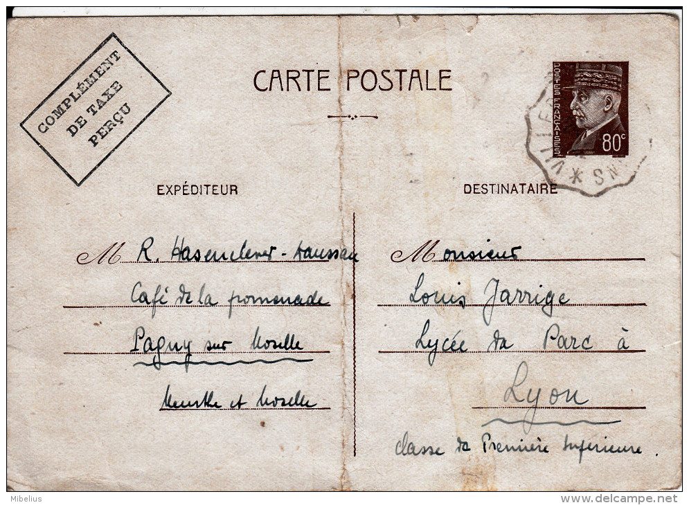 Carte Préaffanchie Pétain 1er-06-1942 De HASENCLEVER à Louis JARRIGE 1ère Supérieure à Lyon - -18e De La Collection - 1939-45